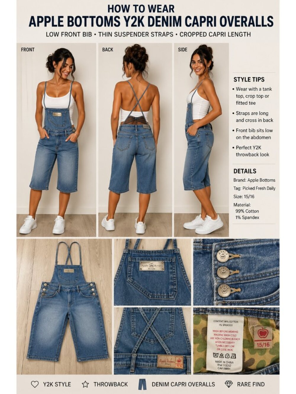 Apple Bottoms Y2K Denim Capri Overalls Women 15/16 Cropped Jumpsuit Vintage Styl - Picture 1 of 13